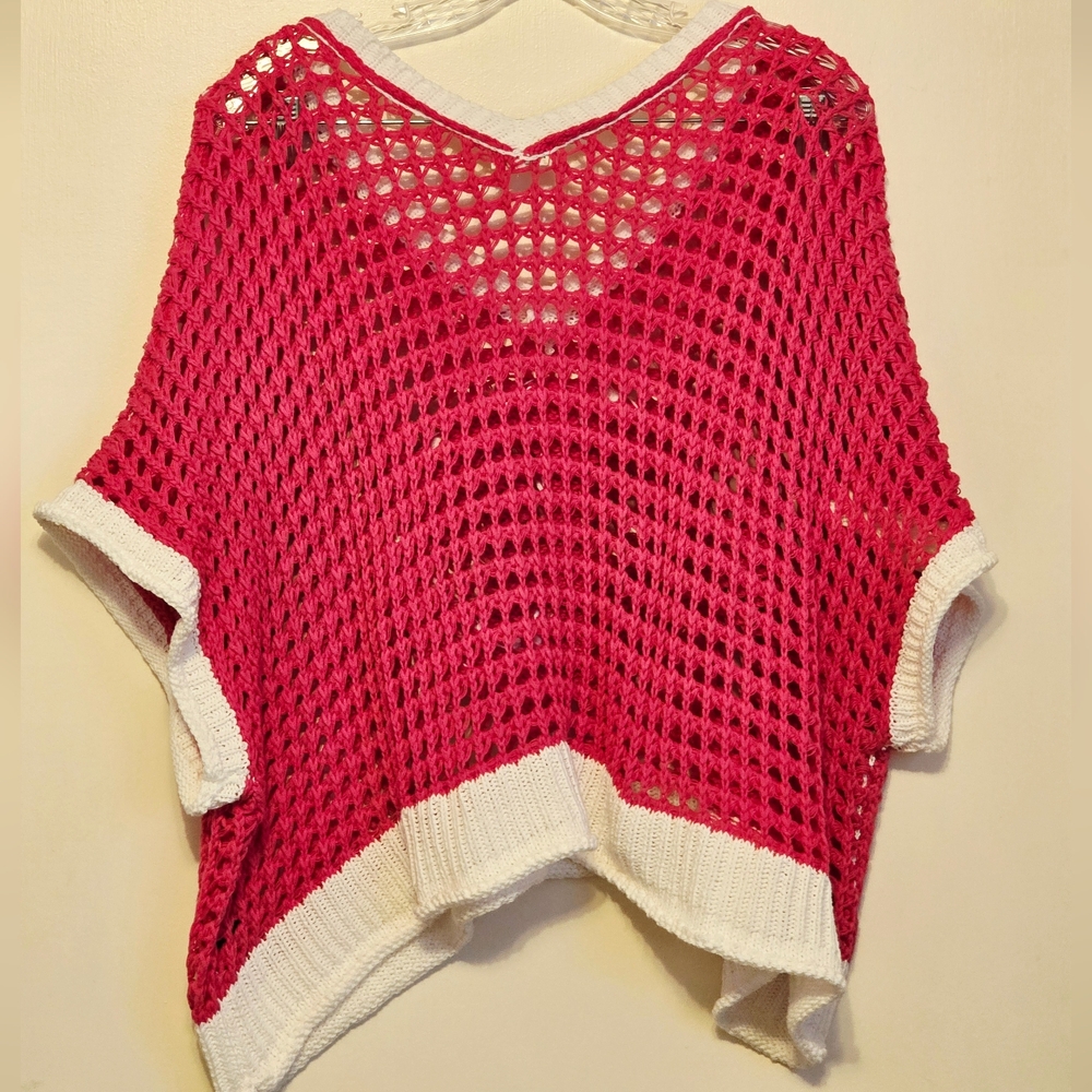POL Open Knit Vneck Peace Sign Summer Sweater. Pink/White. Size S - Picture 6 of 11